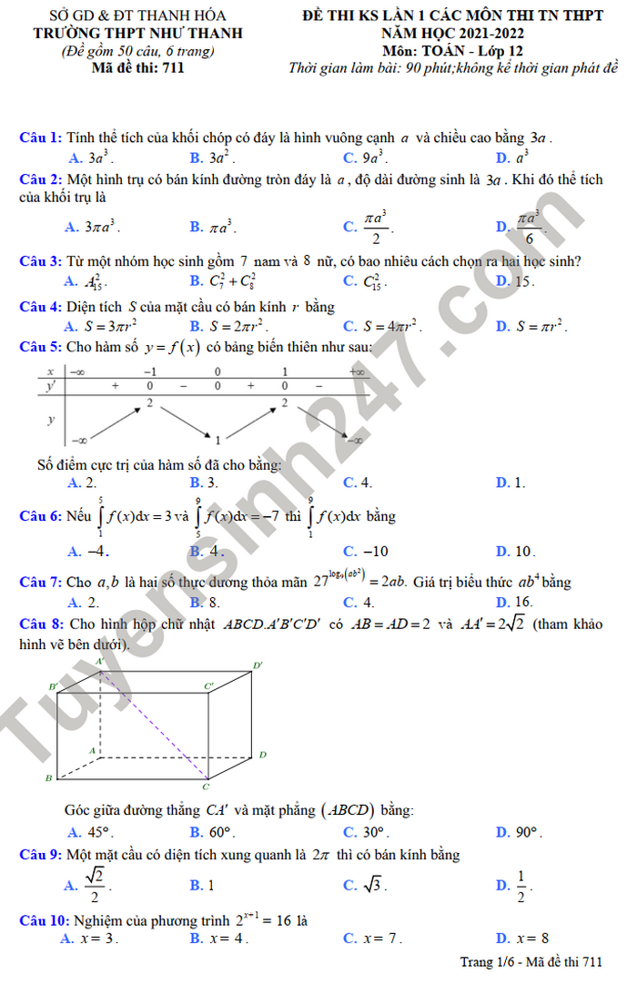 Đề thi thử tốt nghiệp THPT 2022 lần 1 môn Toán THPT Như Thanh 