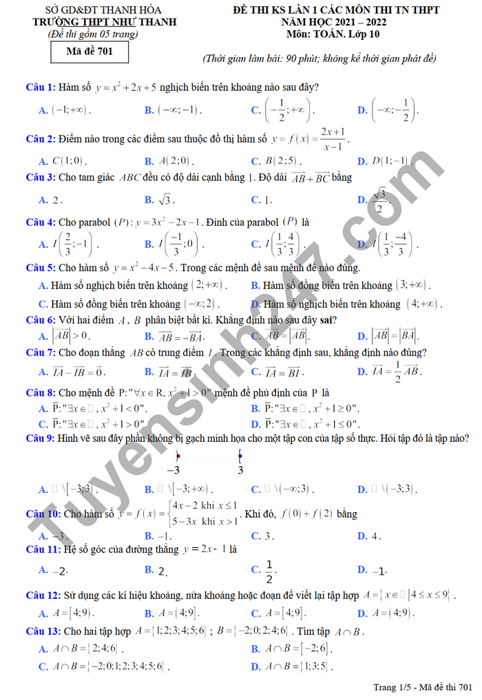 Đề thi thử tốt nghiệp THPT 2022 môn Toán THPT Như Thanh lớp 10 lần 1