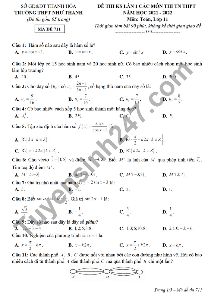 Đề thi thử tốt nghiệp THPT 2022 môn Toán THPT Như Thanh lớp 11 lần 1 