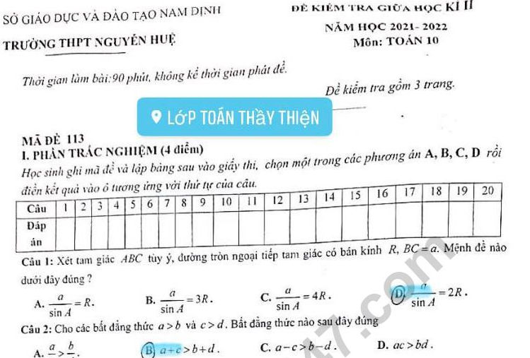 Đề giữa kì 2 lớp 10 môn Toán 2022 - THPT Nguyễn Huệ