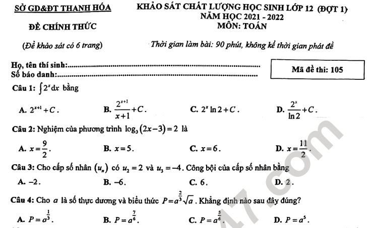 Đề KSCL lớp 12 môn Toán 2022 - Sở GD Thanh Hóa lần 1