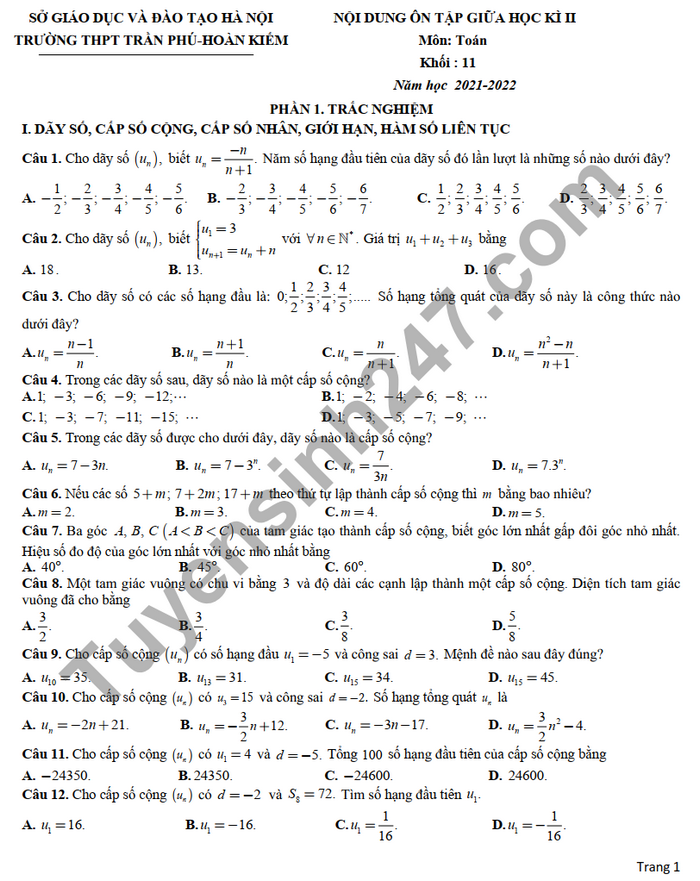Đề cương ôn tập giữa kì 2 THPT Trần Phú - Hoàn Kiếm năm 2022 môn Toán lớp 11