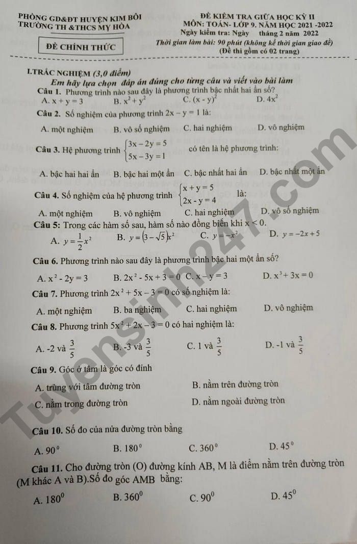 Đề thi giữa kì 2 TH & THCS Mỵ Hòa năm 2022 - lớp 9 môn Toán