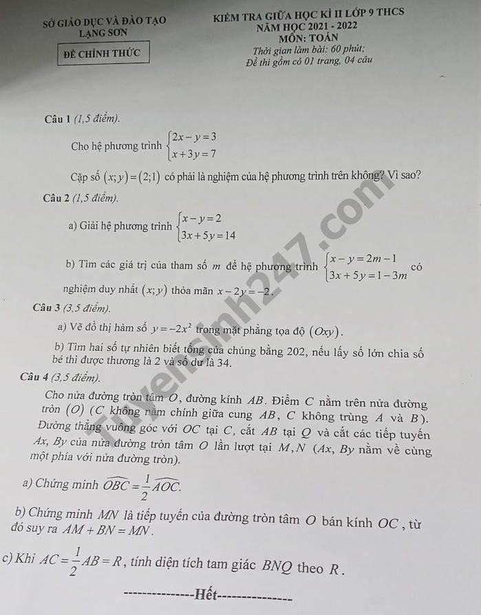 Đề thi giữa kì 2 lớp 9 môn Toán 2022 - Sở GD Lạng Sơn