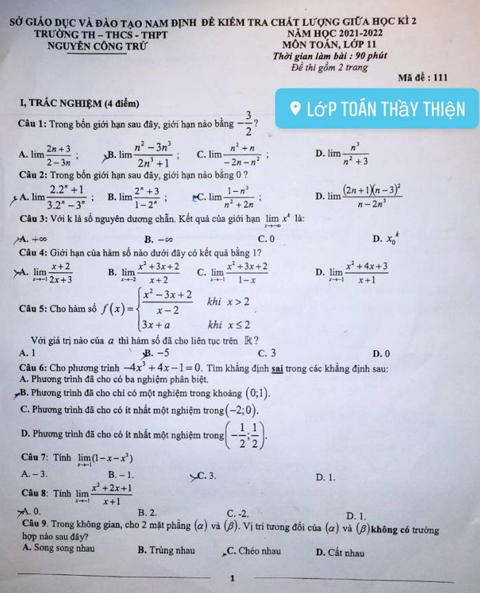 Đề thi giữa kì 2 TH - THCS - THPT Nguyễn Công Trứ năm 2922 lớp 11 môn Toán