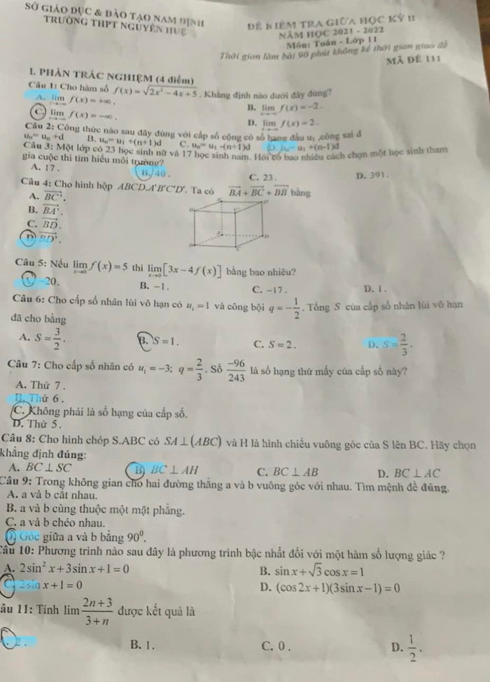 Đề thi giữa kì 2 THPT Nguyễn Huệ 2022 lớp 11 môn Toán