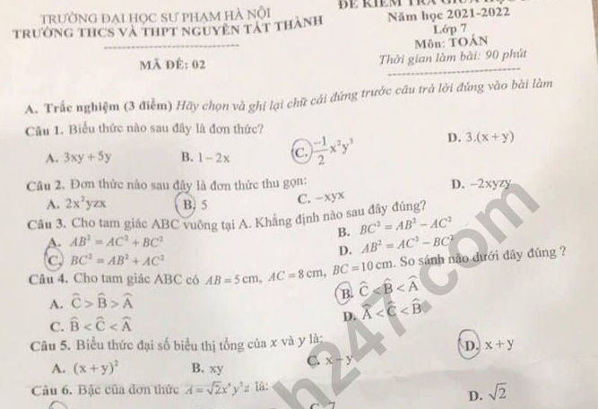 Đề thi giữa kì 2 lớp 7 môn Toán 2022 - THCS&THPT Nguyễn Tất Thành