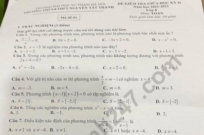 Đề thi giữa kì 2 môn Toán lớp 8 - THCS&THPT Nguyễn Tất Thành 2022