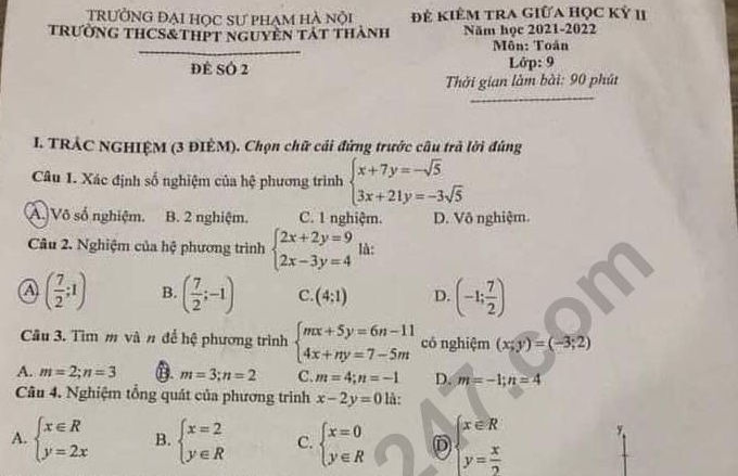 Đề thi giữa kì 2 môn Toán 2022 lớp 9  - THCS THPT Nguyễn Tất Thành