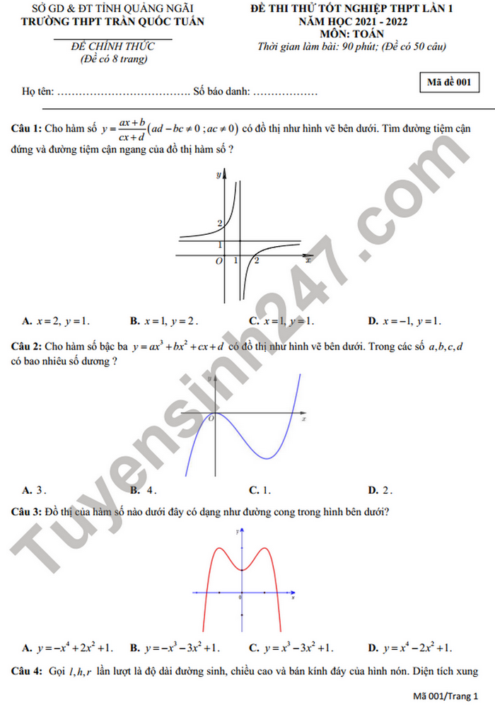 Đề thi thử tốt nghiệp THPT 2022 môn Toán THPT Trần Quốc Tuấn