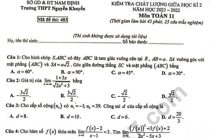 Đề thi GK 2 lớp 11 môn Toán 2022 - THPT Nguyễn Khuyến