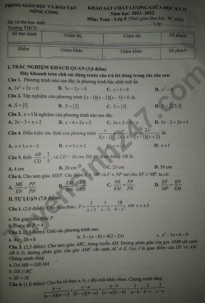 Đề thi giữa kì 2 lớp 8 Phòng GD Nông Cống 2022 môn Toán