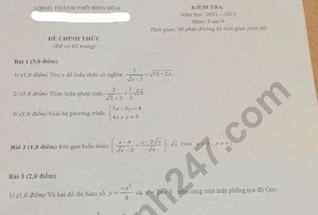 Đề thi giữa kì 2 môn Toán lớp 9 - Phòng GD Biên Hòa 2022