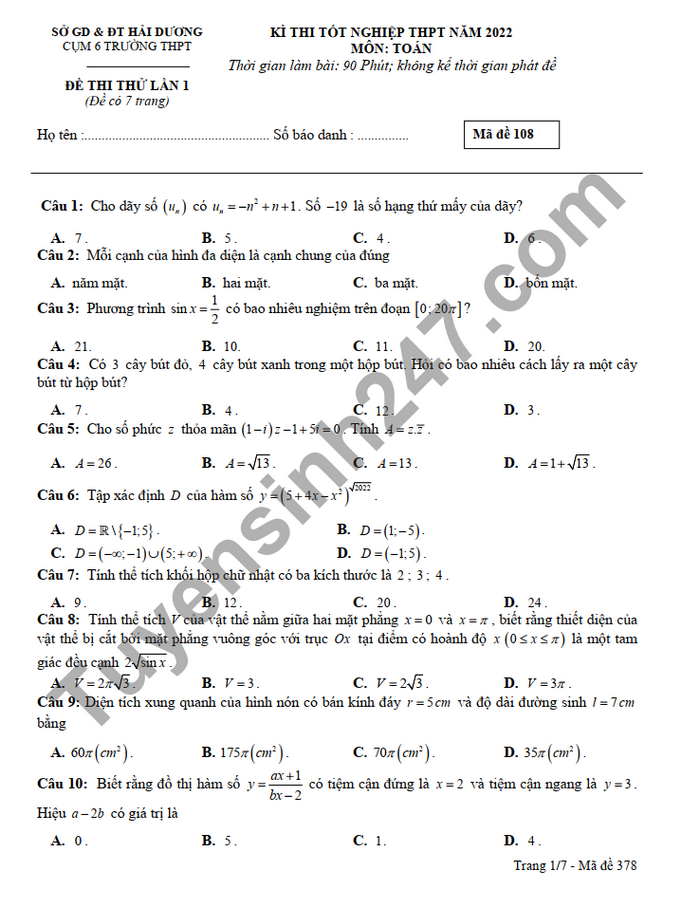 Đề thi thử tốt nghiệp THPT 2022 môn Toán Sở GD Hải Dương 2022 lần 1