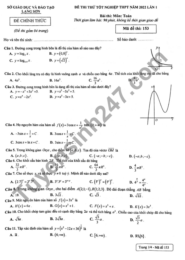 Đề thi thử tốt nghiệp THPT tỉnh Lạng Sơn lần 1 2022 môn Toán