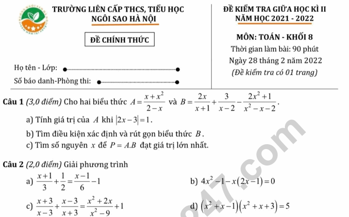 Đề thi giữa kì 2 lớp 8 môn Toán 2022 - THCS Ngôi Sao HN