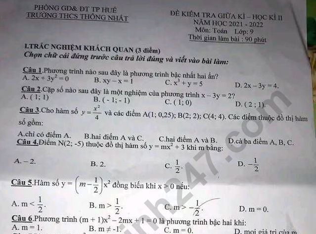 Đề giữa kì 2 lớp 9 môn Toán 2022 - THCS Thống Nhất