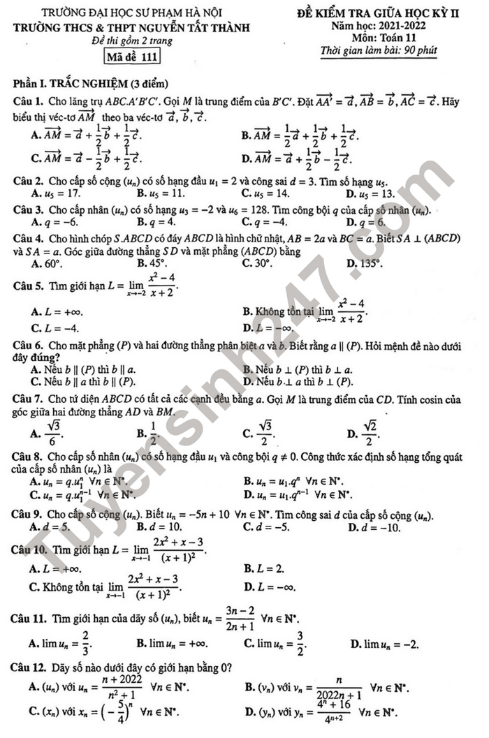 Đề thi giữa kì 2 THCS & THPT Nguyễn Tất Thành 2022 môn Toán 11