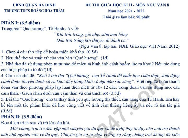 Đề thi giữa kì 2 môn Văn lớp 8 - THCS Hoàng Hoa Thám 2022