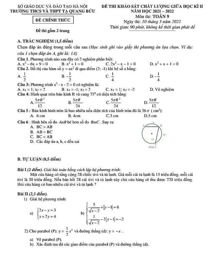 Đề thi giữa kì 2 môn Toán lớp 9 2022 THCS&THPT Tạ Quang Bửu