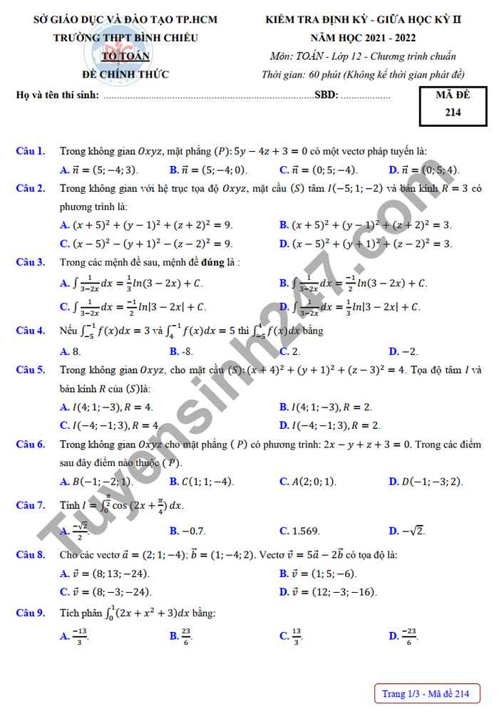 Đề thi giữa kì 2 THPT Bình Chiểu 2022 lớp 12 môn Toán