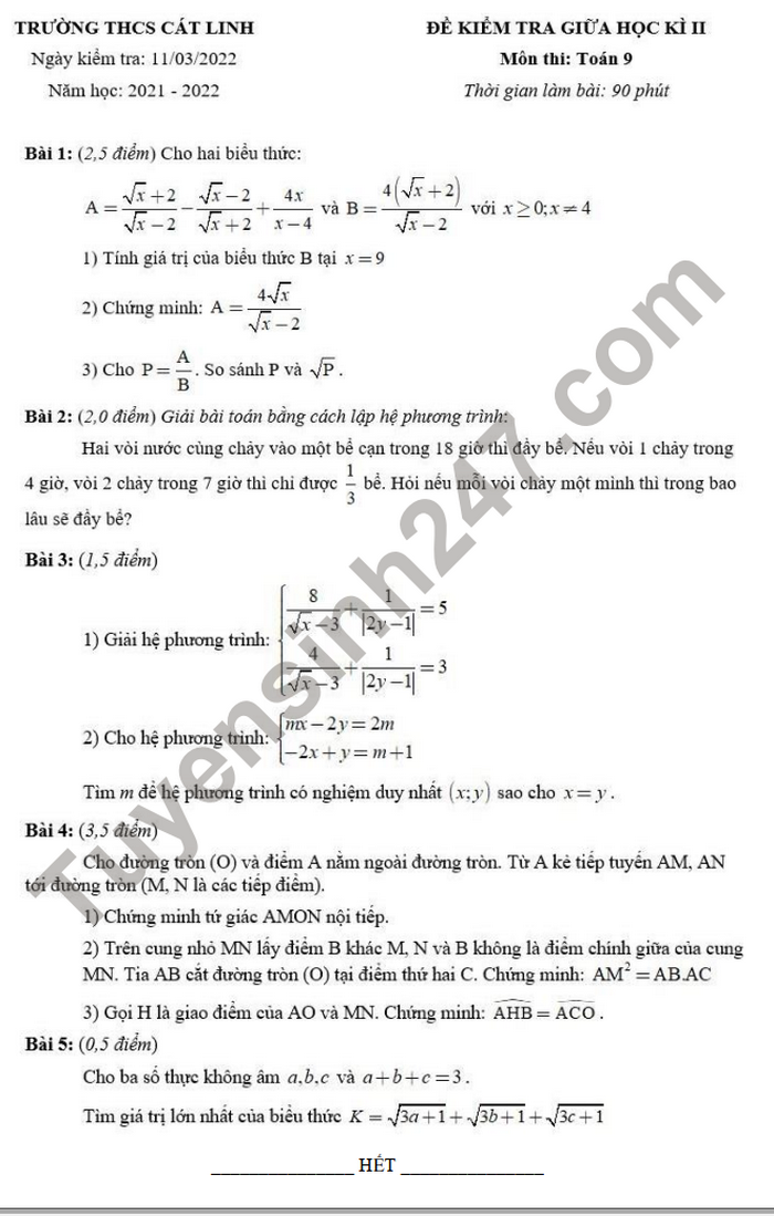 Đề thi giữa kì 2 lớp 9 môn Toán - THCS Cát Linh 2022