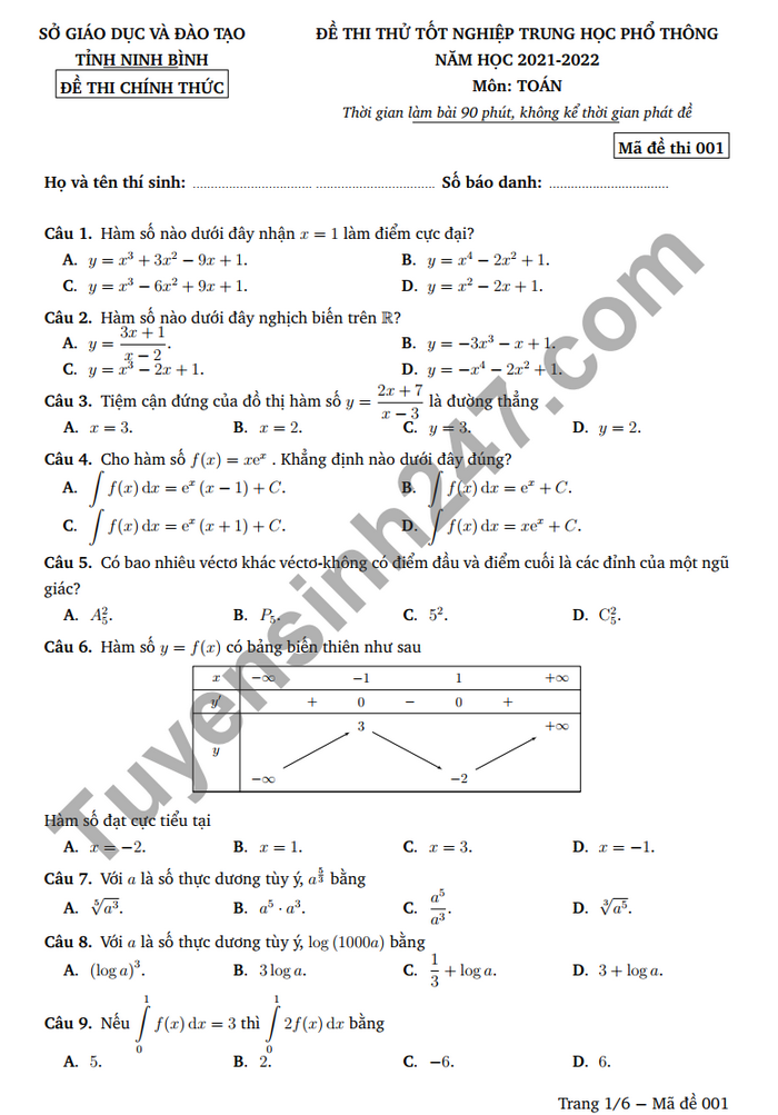 Đề thi thử tốt nghiệp THPT 2022 môn Toán Sở GD Ninh Bình