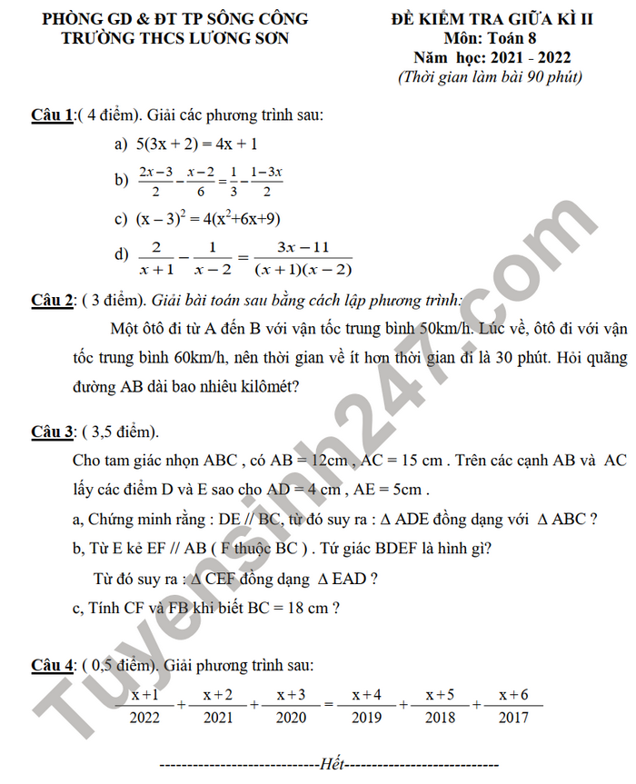 Đề thi giữa kì 2 lớp 8 - THCS Lương Sơn 2022 môn Toán (có đáp án)