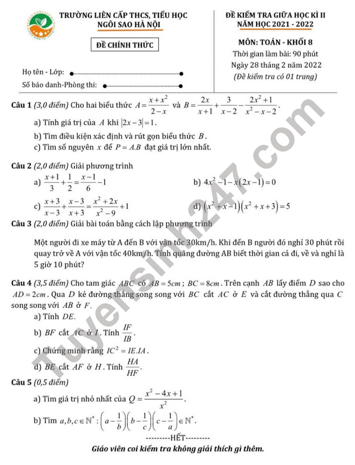 Đề thi giữa kì 2 THCS & TH Ngôi Sao Hà Nội môn Toán lớp 8 năm 2022