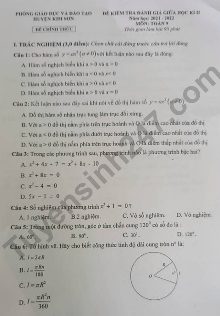 Đề thi giữa kì 2 Huyện Kim Sơn lớp 9 2022 môn Toán 