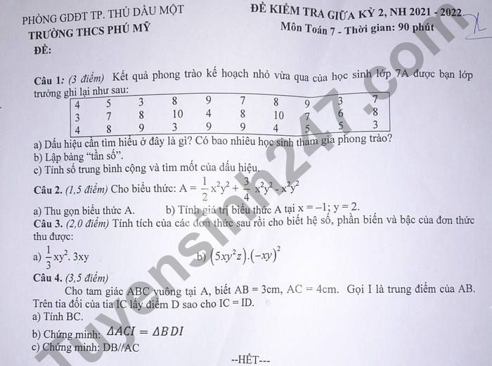 Đề thi giữa kì 2 môn Toán lớp 7 THCS Phú Mỹ 2022