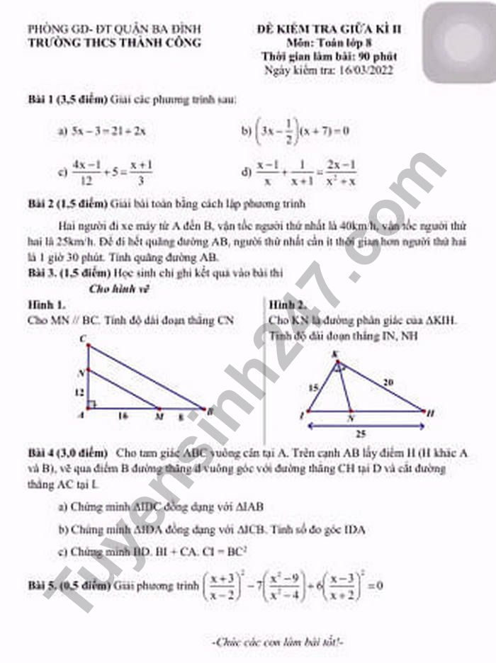 Đề thi giữa kì 2 lớp 8 - THCS Thành Công năm 2022 môn Toán