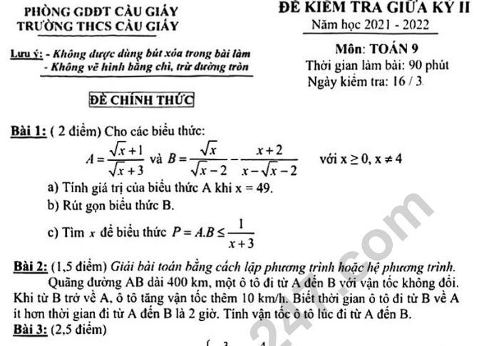 Đề thi giữa kì 2 lớp 9 môn Toán 2022 - THCS Cầu Giấy