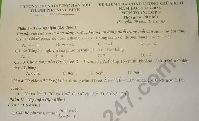 Đề thi giữa kì 2 lớp 9 môn Toán 2022 - THCS Trương Hán Siêu