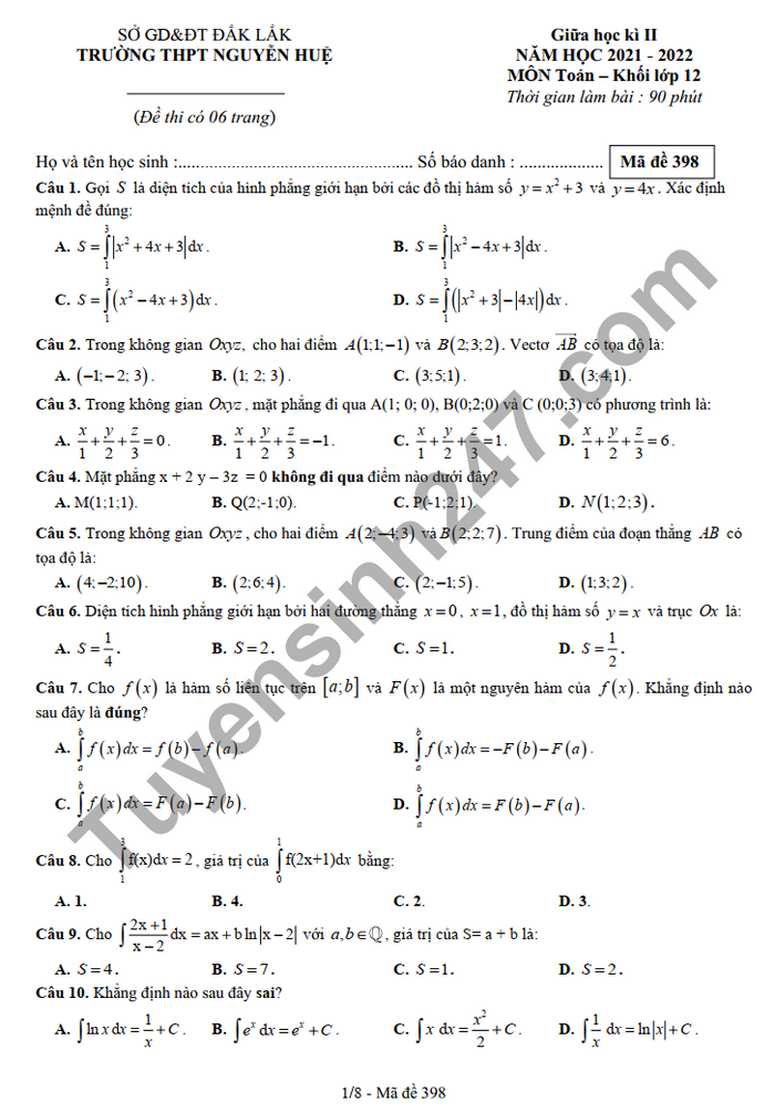 Đề thi giữa kì 2 2022 lớp 12 THPT Nguyễn Huệ - Đắk Lắk môn Toán