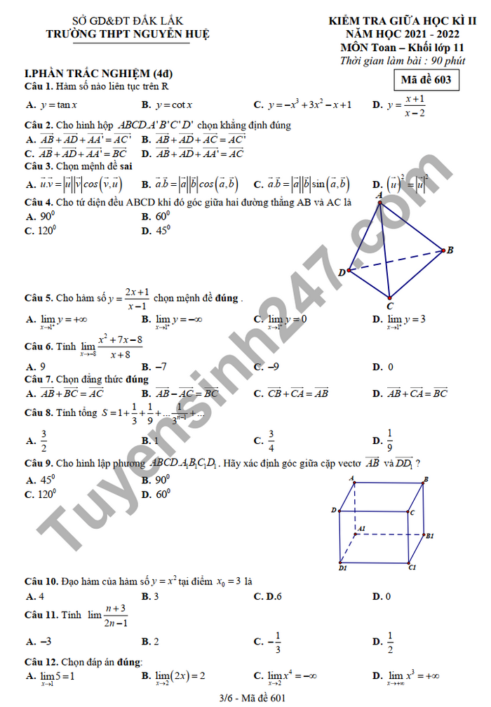 Đề thi giữa kì 2 môn Toán lớp 11 2022 THPT Nguyễn Huệ - Đắk Lắk