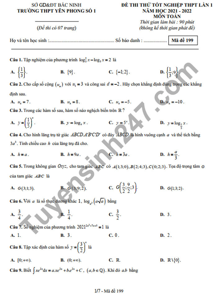 Đề thi thử tốt nghiệp THPT 2022 môn Toán THPT Yên Phong Số 1 lần 1