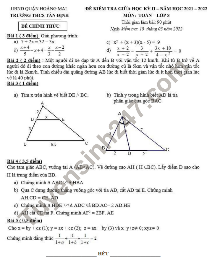 Đề thi giữa kì 2 môn Toán 2022 - THCS Tân Định lớp 8