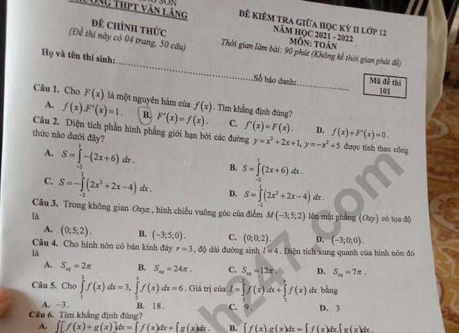 Đề thi giữa kì 2 môn Toán lớp 12 - THPT Văn Lang 2022