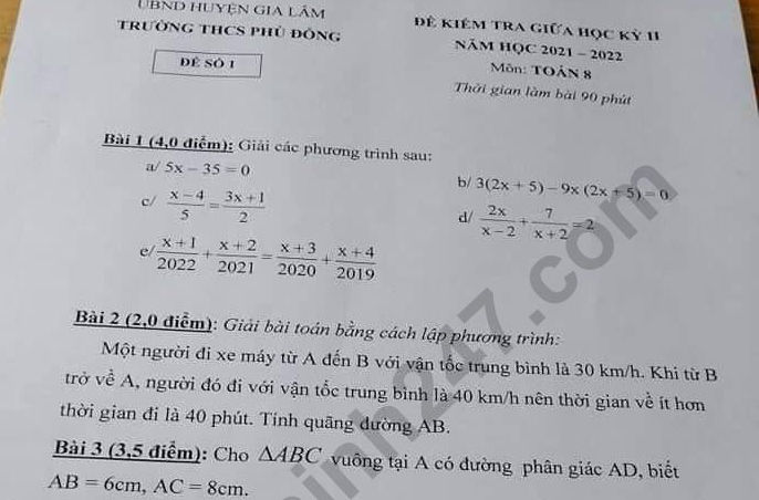 Đề giữa kì 2 lớp 8 môn Toán 2022 - THCS Phù Đổng