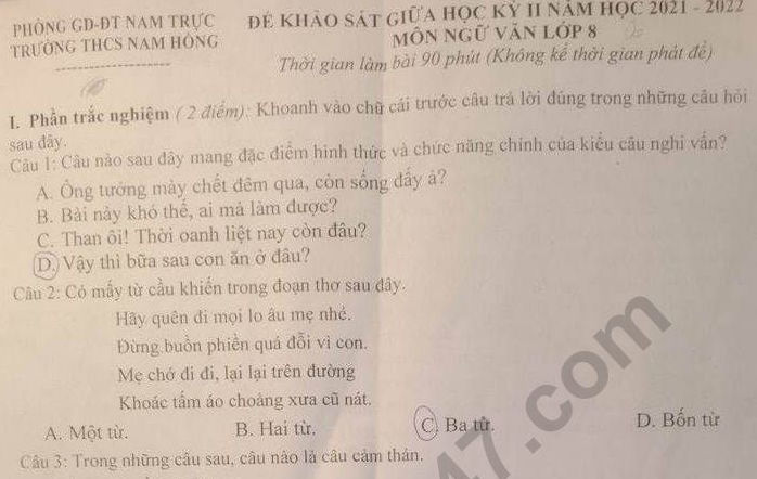 Đề thi giữa kì 2 lớp 8 môn Văn 2022 - THCS Nam Hồng