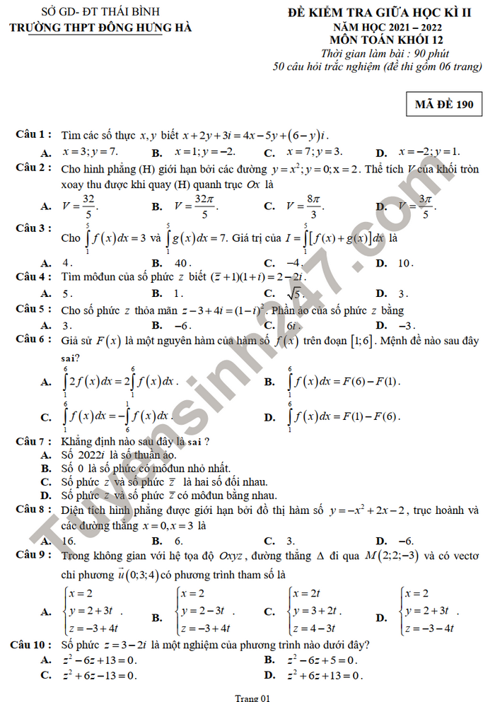 Đề thi giữa kì 2 môn Toán lóp 12 năm 2022 - THPT Đông Hưng Hà 