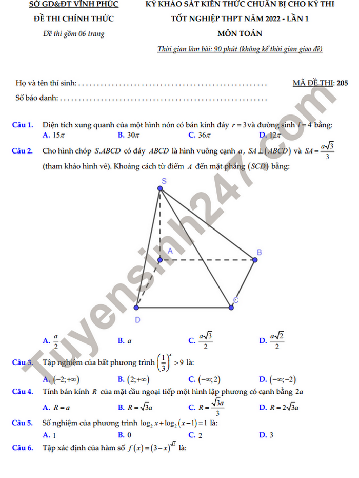 Đề thi thử tốt nghiệp THPT năm 2022 - sở Vĩnh Phúc môn Toán lần 1