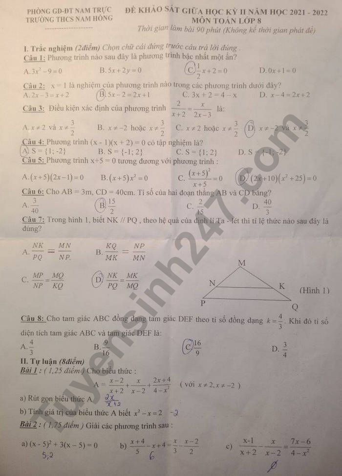 Đề thi giữa kì 2 năm  2022 lớp 8 - THCS Nam Hồng môn Toán