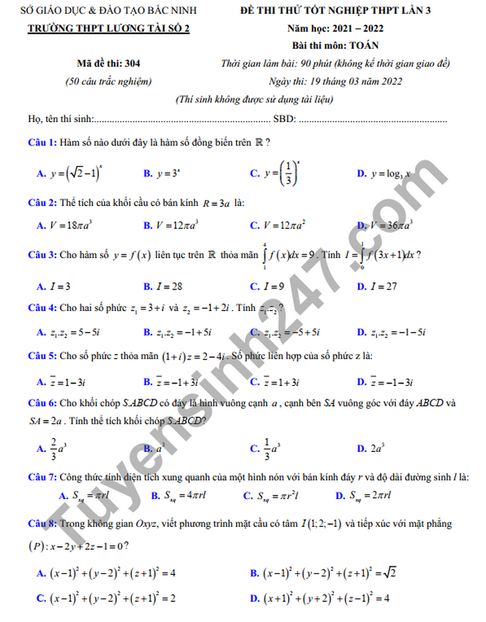 Đề thi thử tốt nghiệp THPT môn Toán 2022 lần 3 THPT Lương Tài Số 2