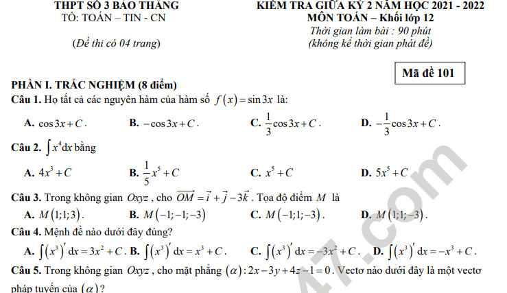 Đề thi giữa kì 2 lớp 12 môn Toán 2022 - THPT Số 3 Bảo Thắng