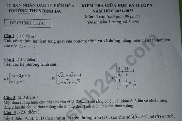 Đề thi giữa kì 2 lớp 9 năm 2022 môn Toán - THCS Bình Đa