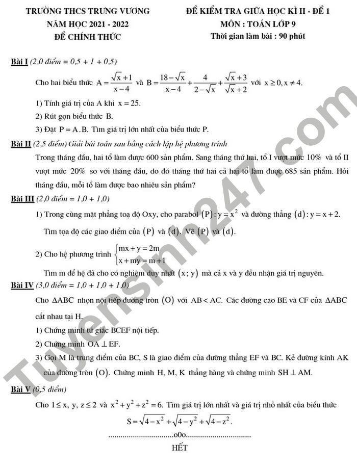 Đề thi giữa kì 2 lớp 9 THCS Trưng Vương môn Toán 2022