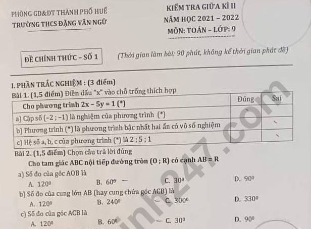 Đề thi giữa kì 2 lớp 9 môn Toán - THCS Đặng Văn Ngữ 2022