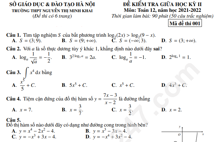 Đề thi giữa kì 2 lớp 12 môn Toán 2022 - THPT Nguyễn Thị Minh Khai